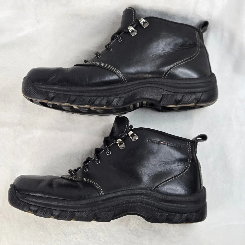 Vintage Tommy Hilfiger Men's Black Leather Mid Top Hiking Boots M14684 Size 10M